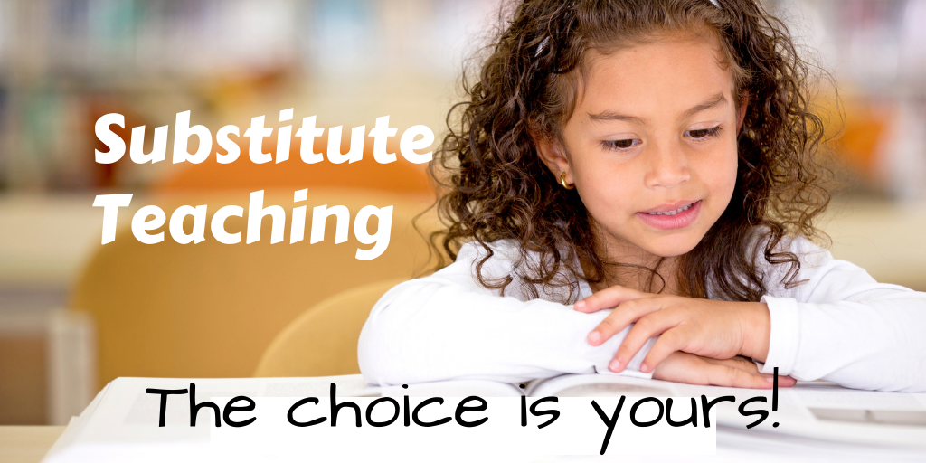 student reading a book with the words, 'Substitute Teaching' next to her